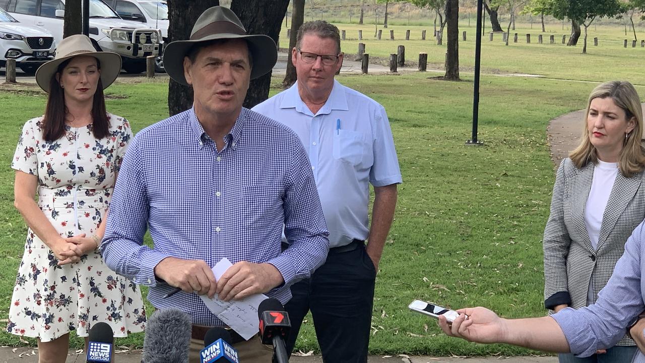 Mines Minister Anthony Lynham warned of the risks of electing a LNP government. In the background stand candidates for Keppel, Brittany Lauga, and Rockhampton, Barry O'Rourke with Small Business Minister Shannon Fentiman.