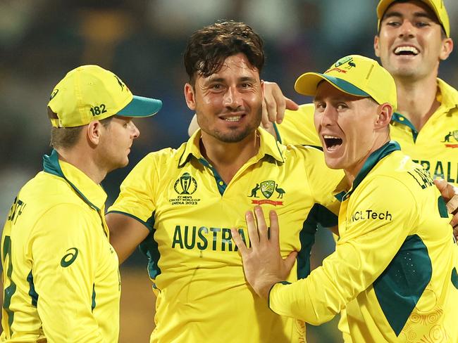 BANGALORE, INDIA - OCTOBER 20: Marcus Stoinis of Australia celebrates the wicket of Imam-ul-Haq of Pakistan during the ICC Men's Cricket World Cup India 2023 between Australia and Pakistan at M. Chinnaswamy Stadium on October 20, 2023 in Bangalore, India. (Photo by Robert Cianflone/Getty Images)