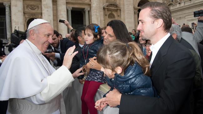 While in Rome to promote Risen, Fiennes, his wife Maria Dolores Dieguez and their two daughters met Pope Francis in St. Peter's Square. Picture: L'Osservatore Romano /Pool Photo via AP