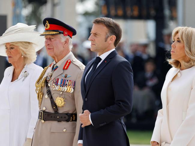 Queen Camilla, King Charles III, France's President Emmanuel Macron and wife Brigitte Macron attend the UK Ministry of Defence and the Royal British Legion’s commemorative ceremony marking the 80th anniversary of the World War II "D-Day". Picture: Ludovic Marin/POOL/AFP