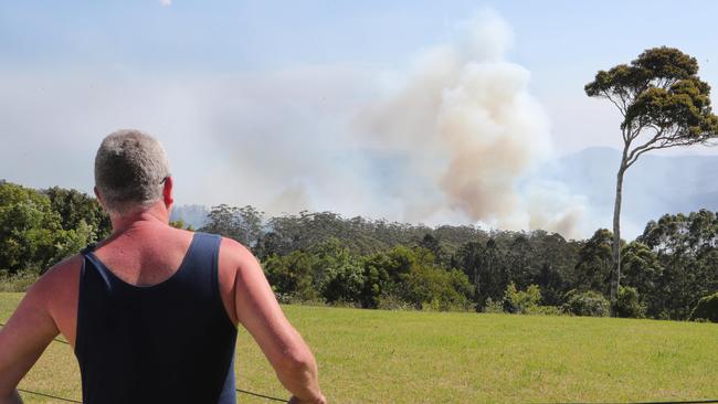 A local keeps an eye on the approaching fire in the Lower Beechmont area. Picture: Glenn Hampson