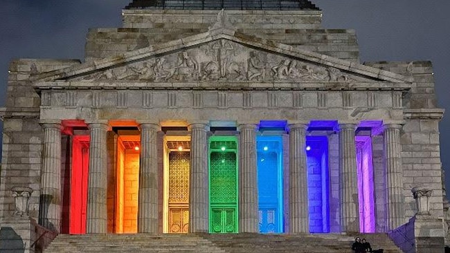 Rainbow colours will be projected onto the Shrine's colonades this Sunday in honour of LGBTQI+ servicepeople. Picture: Supplied by Shrine Melbourne