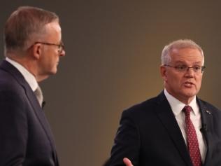 FEDERAL ELECTION TEAM 2022. LEADERS DEBATE.  POOL IMAGES. 20/4/2022Sky News / The Courier-Mail Peopleâs Forum with Scott Morrison and Anthony Albanese at the Gabba in Brisbane in front of 100 undecided voters, the first debate of the federal election. Picture: Jason Edwards