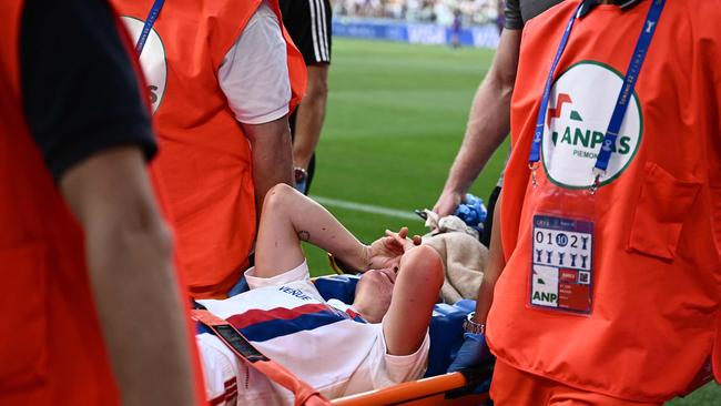 Lyon's Australian defender Ellie Carpenter is carried on a stretcher during the UEFA Women’s Champions League final. Picture: AFP