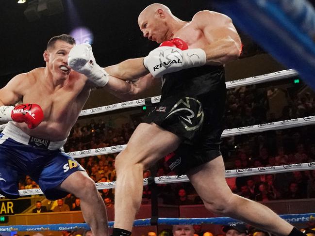 Paul Gallen and Barry Hall compete during the Code War Boxing night at Margaret Court Arena in Melbourne, Friday, November 15, 2019. (AAP Image/Michael Dodge) NO ARCHIVING, EDITORIAL USE ONLY