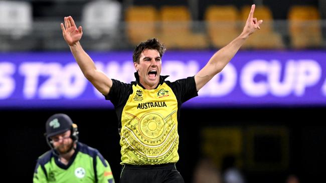 BRISBANE, AUSTRALIA - OCTOBER 31: Pat Cummins of Australia unsuccessfully appeals to the umpire during the ICC Men's T20 World Cup match between Australia and Ireland at The Gabba on October 31, 2022 in Brisbane, Australia. (Photo by Bradley Kanaris/Getty Images)