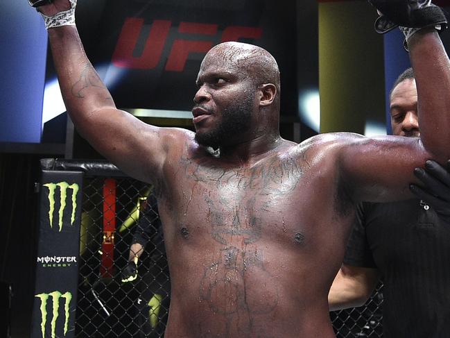 LAS VEGAS, NEVADA - AUGUST 08: In this handout photo provided by UFC, Derrick Lewis reacts after his knockout over Aleksei Oleinik of Russia in their heavyweight fight during the UFC Fight Night event at UFC APEX on August 08, 2020 in Las Vegas, Nevada. (Photo by Chris Unger/Zuffa LLC via Getty Images)