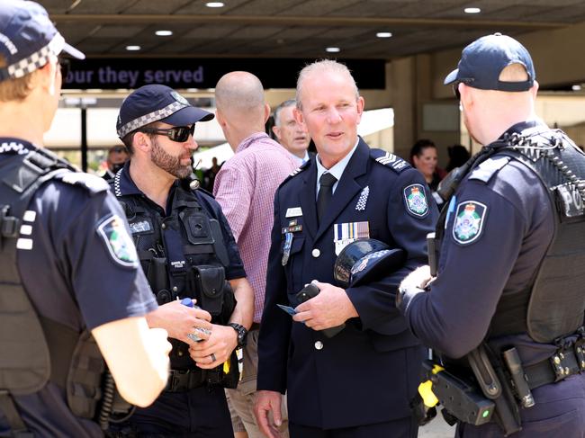 Queensland Police Union president Ian Leavers (centre) at the memorial service with full police honours for constables Rachel McCrow and Matthew Arnold at Brisbane Entertainment Centre. Picture: Steve Pohlner