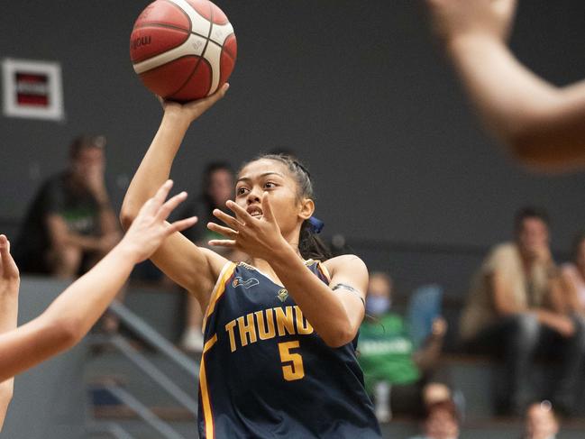 u16 girls basketball state championships, Auchenflower QLD. Div 1 semi Final Gold Coast Waves vs Logan Thunder. Thunder #5 Vahayliah Seumanutafa. April 8, 2021 - Picture: Renae Droop