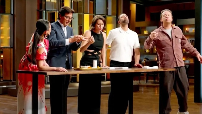 MasterChef Australia’s judges, Poh Ling Yeow, Jean-Christophe Novelliis, Sofia Levin, and Andy Allen [pictured here with guest judge Jamie Oliver] are more focused on the quality of the cooking rather than the drama between contestants. Picture: Channel 10.