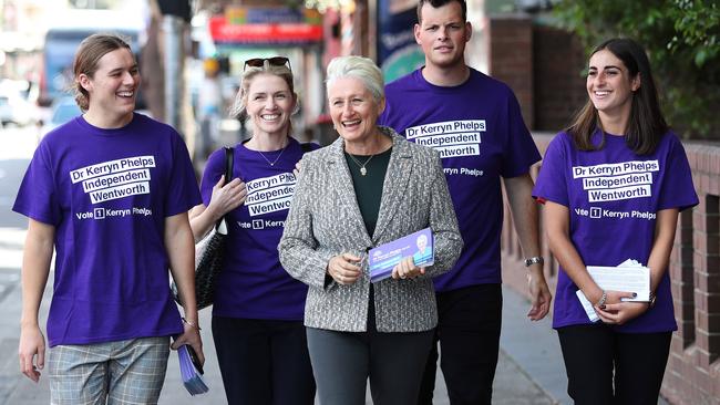 Kerryn Phelps and supporters handing out election flyers at Bondi in Sydney’s east yesterday. Picture: Brett Costello