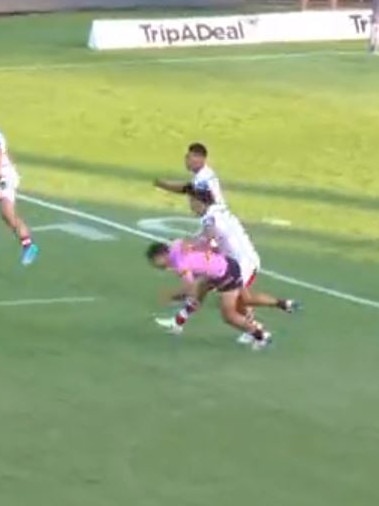 Jayden Su'A was sin binned for this late hit on Penrith's Sean O'Sullivan.