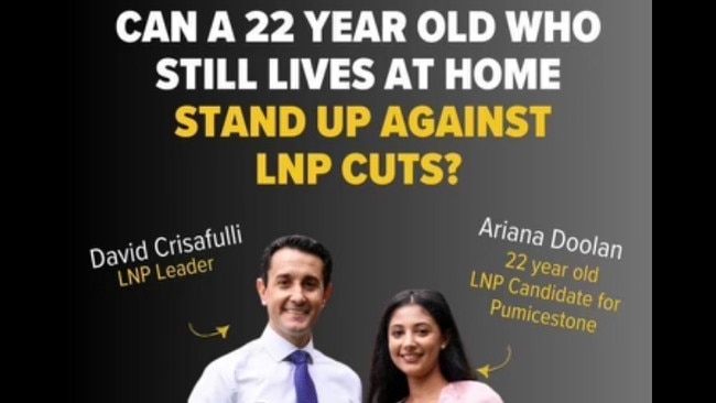 Social media post by the United Workers Union attacking the 22-year-old candidate for Pumicestone, Ariana Doolan. Picture: Instagram