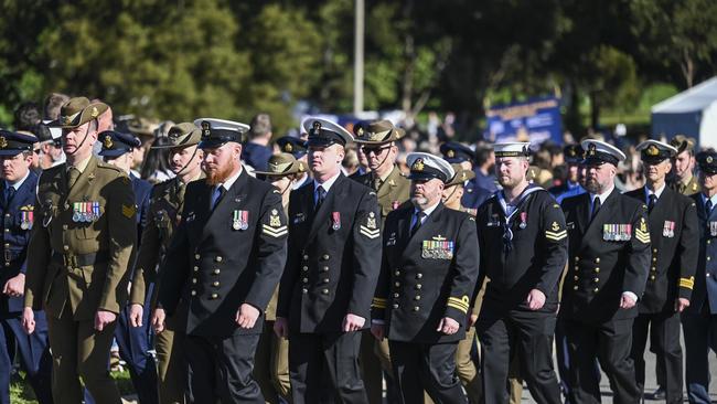 Veterans march at the Australian War Memorial on April 25, 2023 in Canberra, Australia.