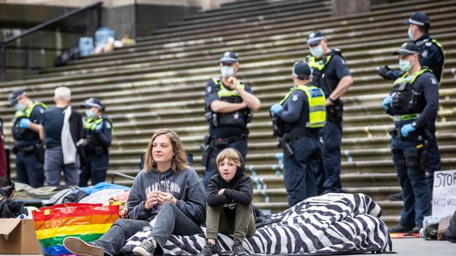 Protesters camp out at the Victorian parliament. Picture: Jake Nowakowski