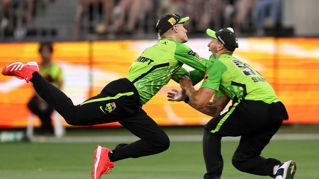 Cameron Bancroft and Daniel Sams collide. Picture: Paul Kane/Getty Images