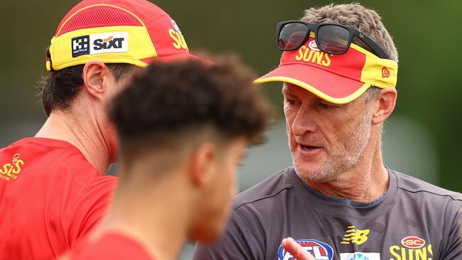 GOLD COAST, AUSTRALIA - JULY 09: Damien Hardwick, Senior Coach of the Suns looks on during a Gold Coast Suns AFL training session at Austworld Centre Oval on July 09, 2024 in Gold Coast, Australia. (Photo by Chris Hyde/Getty Images)