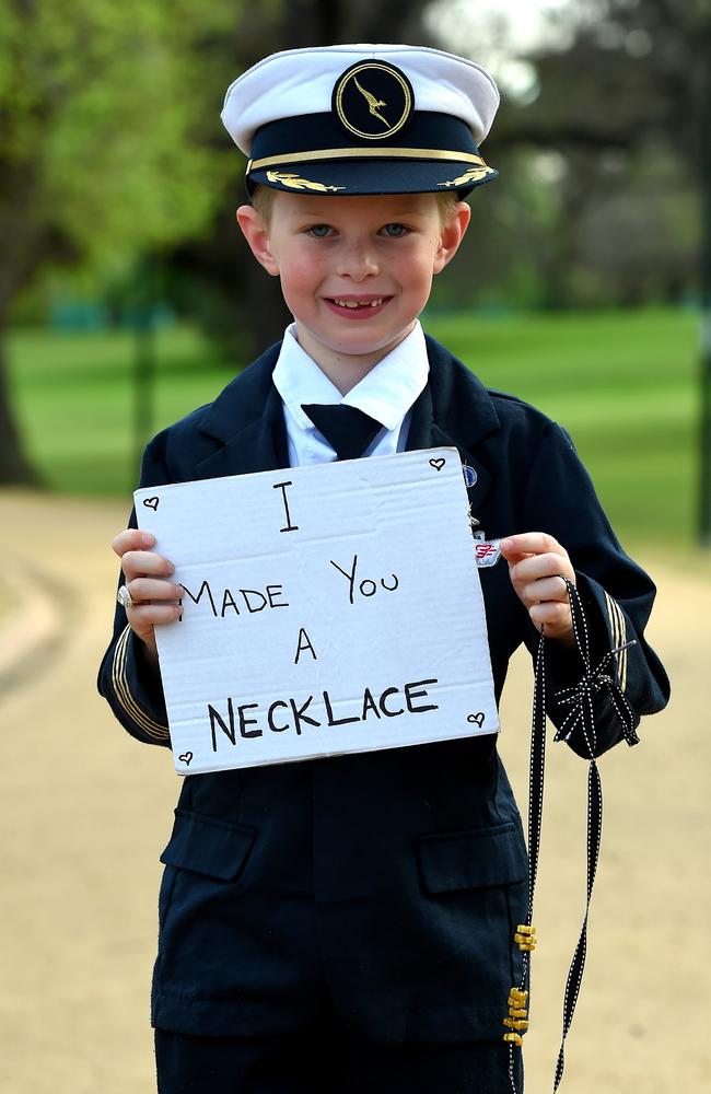 Melbourne’s most adorable royal fan made a pasta necklace for the Duchess of Sussex. Picture: Nicole Garmston