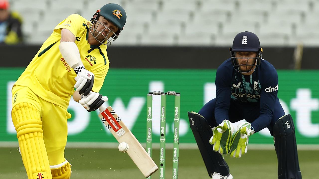 Travis Head hits a six . (Photo by Darrian Traynor/Getty Images)