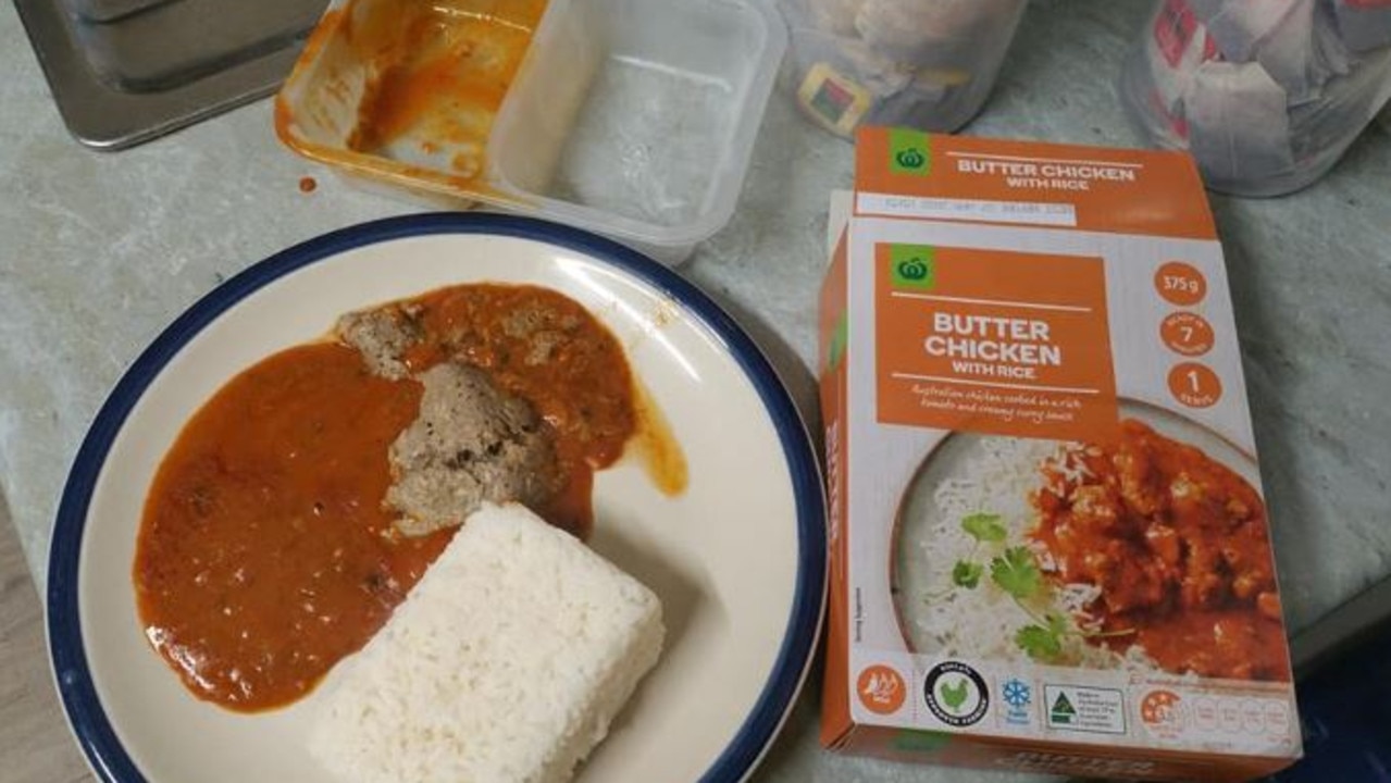 A shopper took to Facebook to reveal grey meat matter in his pre-made Woolworths Butter Chicken with Rice meal. Picture: Facebook