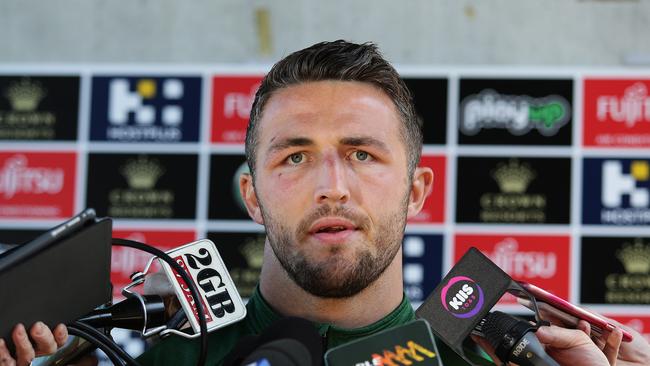 South Sydney's Sam Burgess fronts the media after allegations were made of Sam exposing himself on social media, at Redfern Oval, Sydney. Picture: Brett Costello