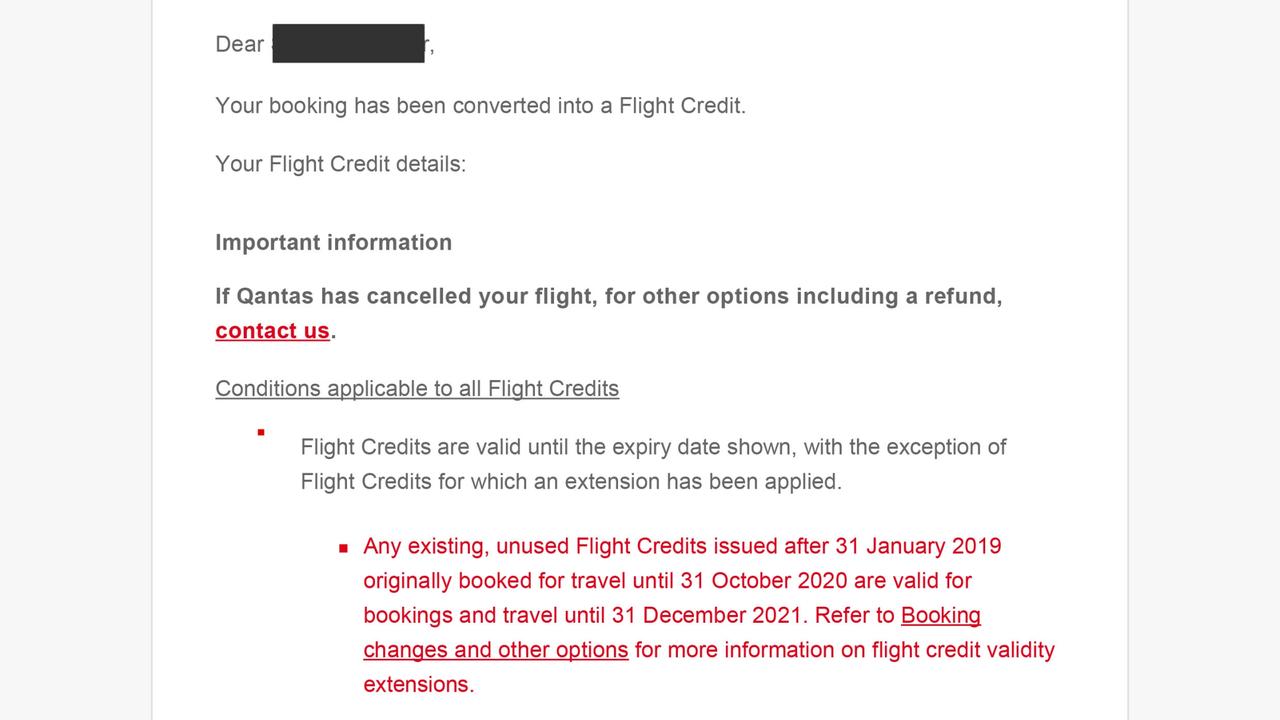 Qantas has provided this email to show it did offer refunds to some customers after cancelling their flight during the Covid pandemic.