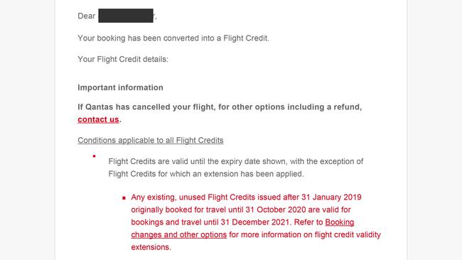 Qantas has provided this email to show it did offer refunds to some customers after cancelling their flight during the Covid pandemic.