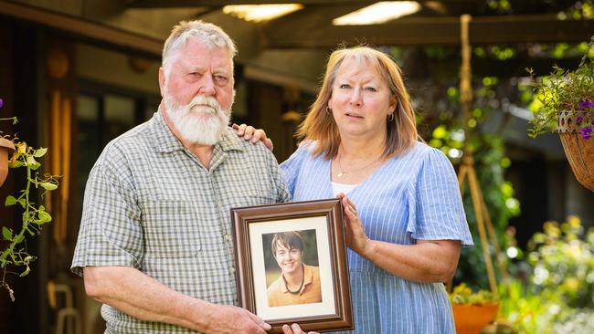 MACEDON, NOVEMBER 22, 2024: Marcus and Noelene Ward with a photo of their son Liam, who took his own life aged 20. Picture: Mark Stewart