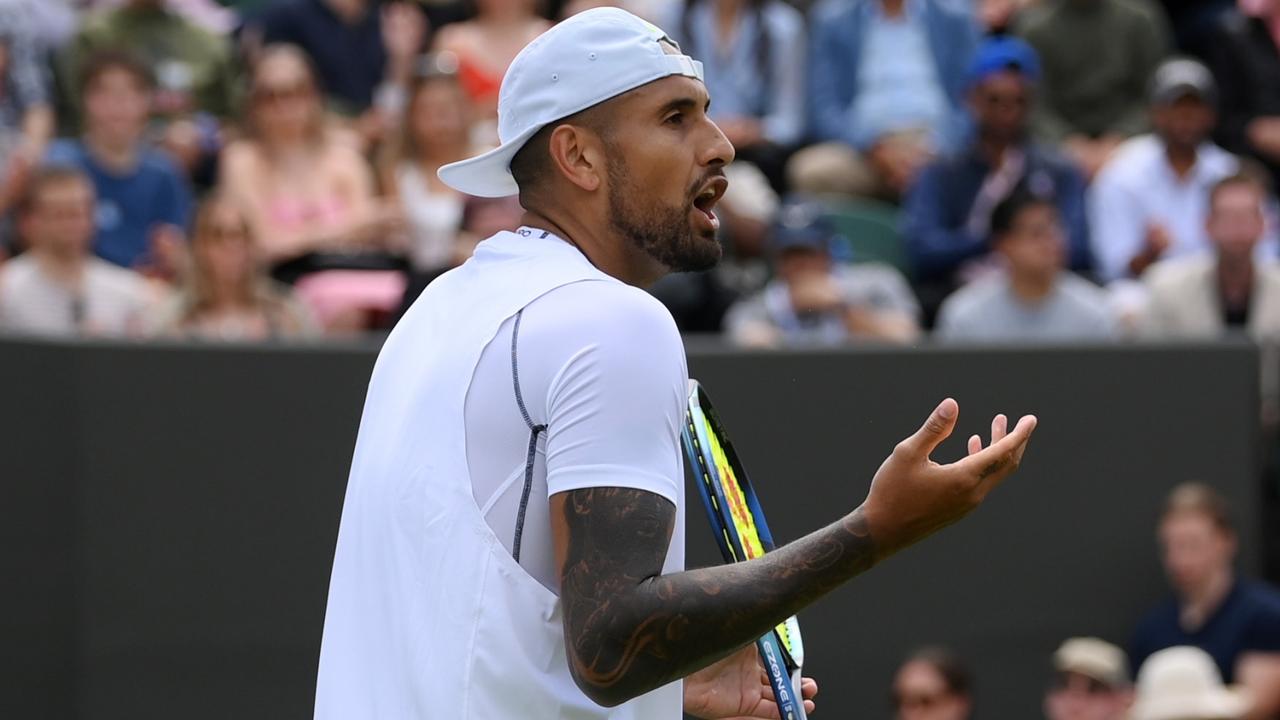LONDON, ENGLAND - JUNE 28: Nick Kyrgios of Australia reacts during their Men's Singles First Round Match against Paul Jubb of Great Britain on day two of The Championships Wimbledon 2022 at All England Lawn Tennis and Croquet Club on June 28, 2022 in London, England. (Photo by Shaun Botterill/Getty Images)