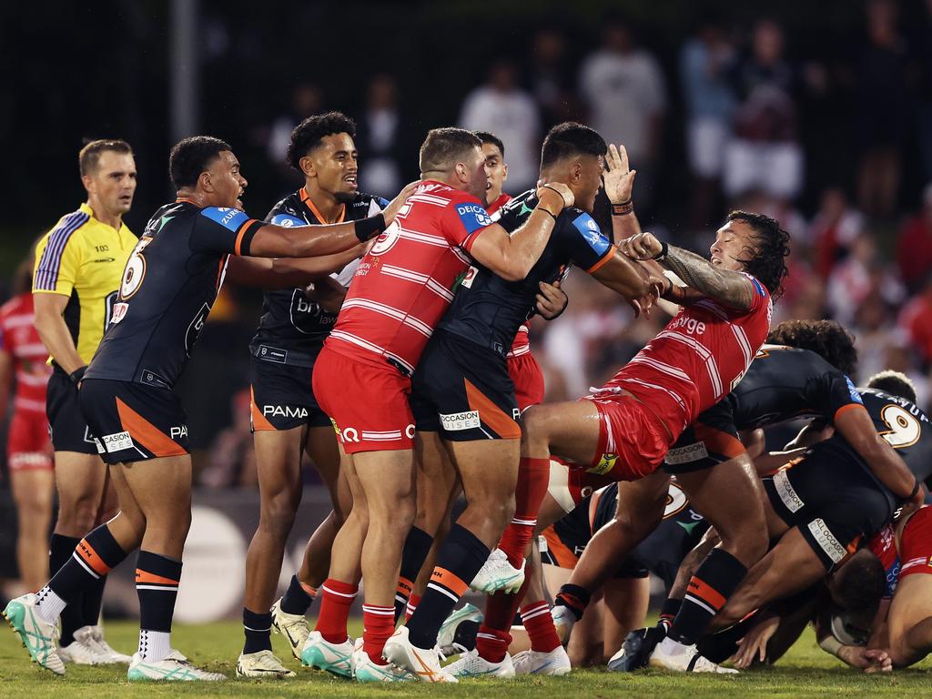 Players scuffle after a high tackle on Zac Lomax by David Klemmer. Picture: Matt King/Getty Images