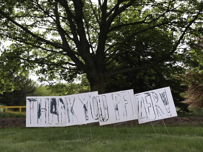 Signage thanking workers outside the Pfizer factory in Portage, Michigan, United States. Picture: Angus Mordant