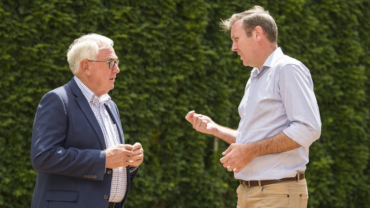 TRC Mayor Paul Antonio (left) and Groom MP Garth Hamilton after talking to media about the Wagners plan for a COVID quarantine hub next to the Wellcamp Airport, Monday, January 25, 2021. Picture: Kevin Farmer