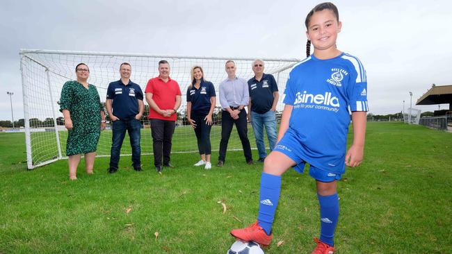 Councillor Kylie Grzybek, Bell Park Sports Club secretary /treasurer David Secen, Councillor Anthony Aitken, Bell Park Sports Club President Rose Pirrottina, Councillor Eddy Kontelj, Bell Park Sports Club chairman Stephen Gstalter and in front junior soccer star Alessia Henriques. Picture: Mark Wilson