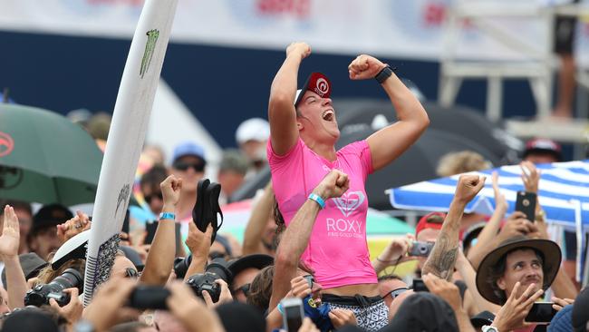 An emotional Tyler Wright after winning the Roxy Pro.