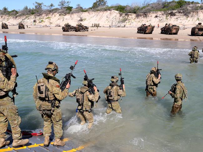 Australian Forces during a beach assault at Shoalwater Bay during Talisman Sabre 2019. Talisman Sabre 2021 is still scheduled to take place despite the global coronavirus pandemic. Picture: Peter Wallis