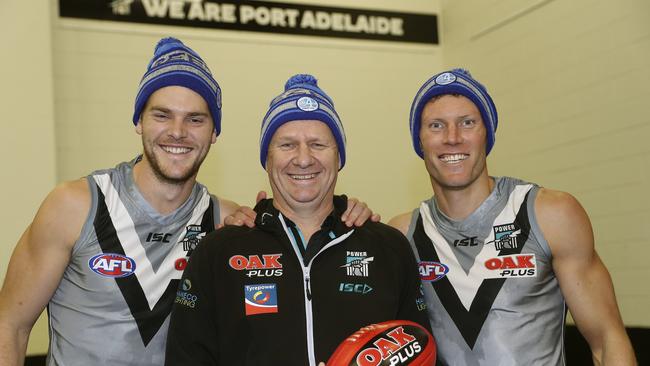 Port Adelaide's Jack Watts, Ken Hinkley and Brad Ebert get behind the MND charity. Picture: Sarah Reed