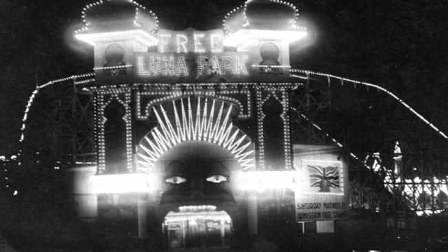 Luna Park at night in 1927. Picture: Shirley Jones Collection of Postcards, State Library of Victoria