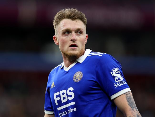 BIRMINGHAM, ENGLAND - FEBRUARY 04: Harry Souttar of Leicester City looks on during the Premier League match between Aston Villa and Leicester City at Villa Park on February 04, 2023 in Birmingham, England. (Photo by Richard Heathcote/Getty Images)