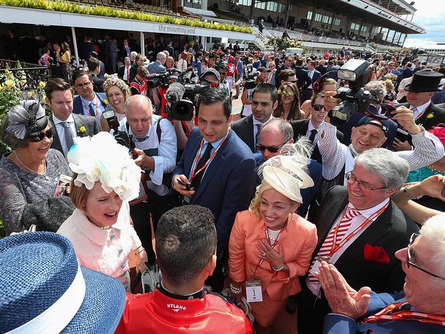 Winning trainer Gai Waterhouse talks with jockey João Moreira after their horse Invincible Star won the first race of the day. Picture: Ian Currie