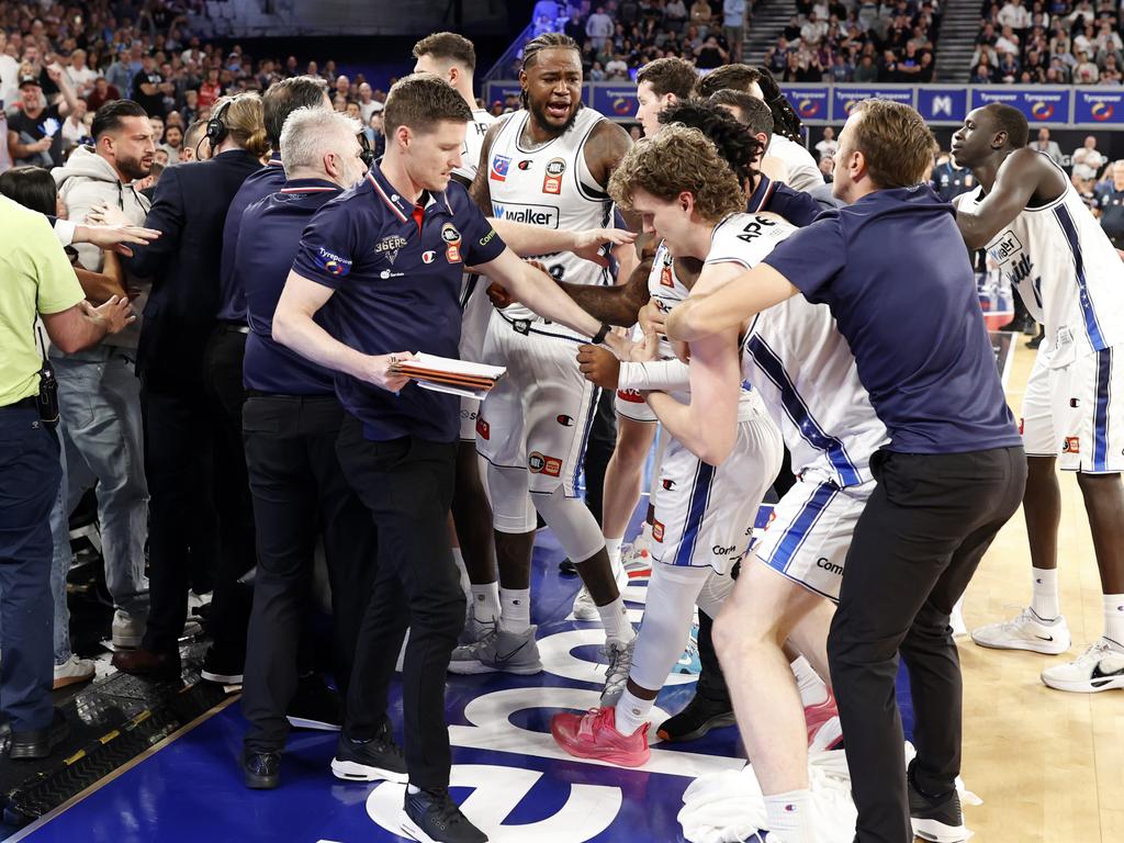 The courtside guests who provoked a brawl with the 36ers have been identified. Picture: Darrian Traynor/Getty Images