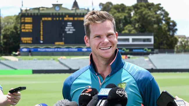 Steve Smith speaks to media ahead of the Test match series between Australia and West Indies at Adelaide Oval. Picture: Mark Brake/Getty