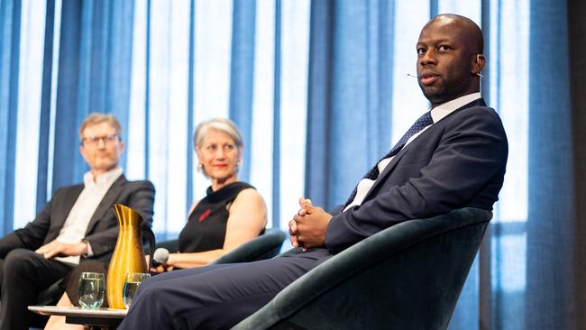 Hickinbotham Group managing director Michael Hickinbotham, Lord Mayor Sandy Verschoor and Committee for Adelaide chief executive Bruce Djite at the Building a Bigger, Better South Australia event. Picture: Morgan Sette