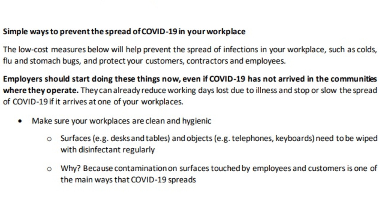 WHO’s document on preventing the spread of COVID-19 in the workplace. Picture: World Health Organisation