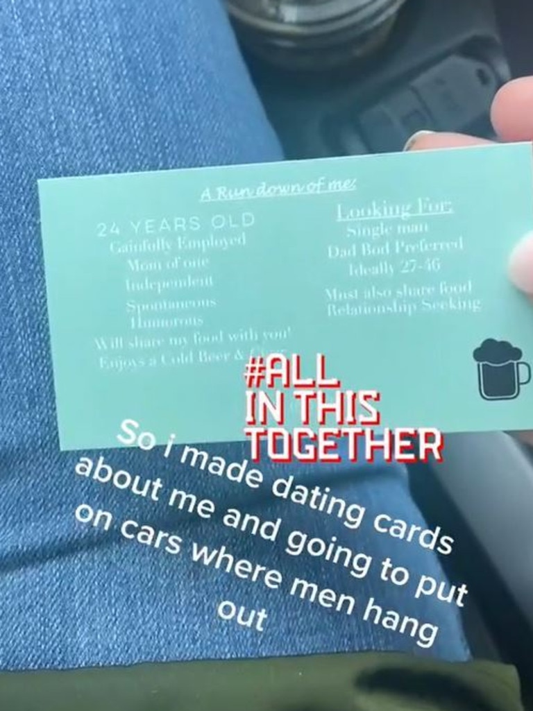 The cards featured three photos along with some information about herself as well as listing qualities she was looking for in a man. Picture: TikTok/bravesbabe_2021