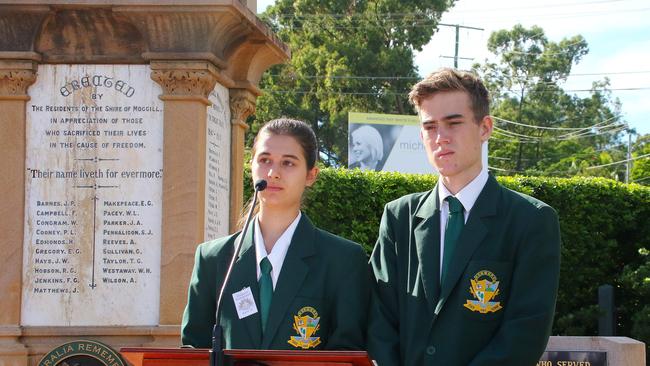 Charlotte Davies and Caleb Webb from Kenmore State High School in the formal uniform at an Anzac Day service. Picture: Peter Cronin