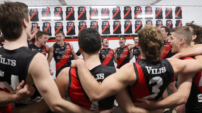 West Adelaide players celebrate their shock win against Norwood. Picture: Cory Sutton/SANFL