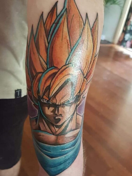 Alinta Jane Lewis: "This isn't mine it's my partner's Dylan Miniman Bell. To him it represents his family. All his siblings and him grew up watching Dragon Ball Z together. Means a lot to him and he's getting more added to it later this year." Tattoo by James, Solid Gold Classic Tattoo