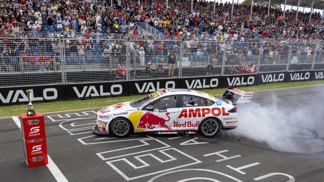 Shane van Gisbergen 2022 Supercars Champion celebrates at the VALO Adelaide 500, which returned last year after VALO became naming rights sponsor. Picture: Mark Horsburgh