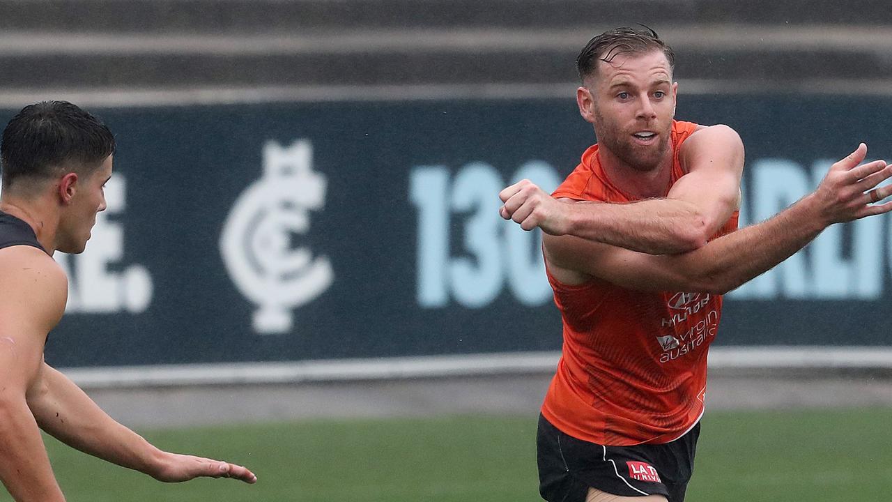 Sam Docherty clears by hand during a Carlton training session at Ikon Park. Picture: Michael Klein