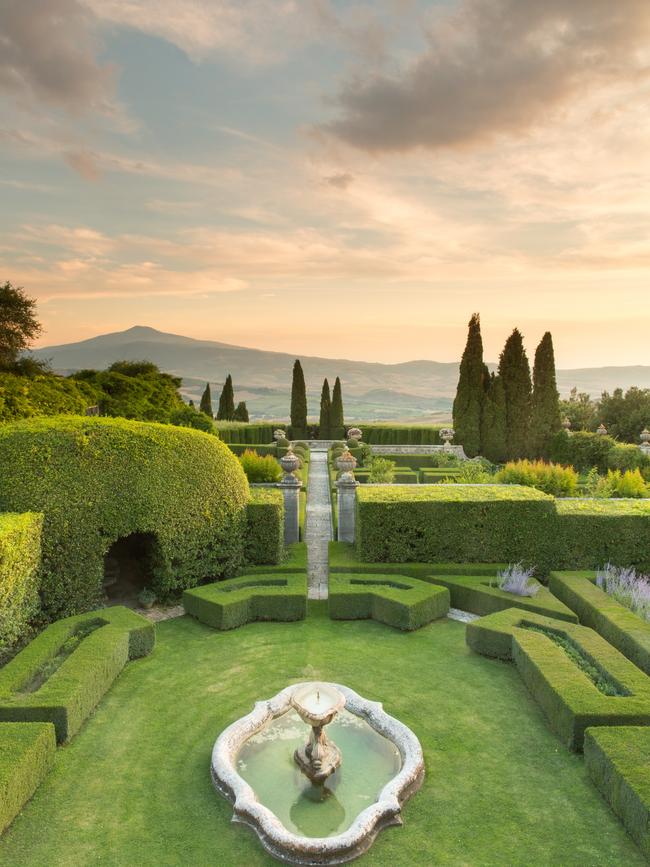 The main garden, with Monte Amiata in the distance.